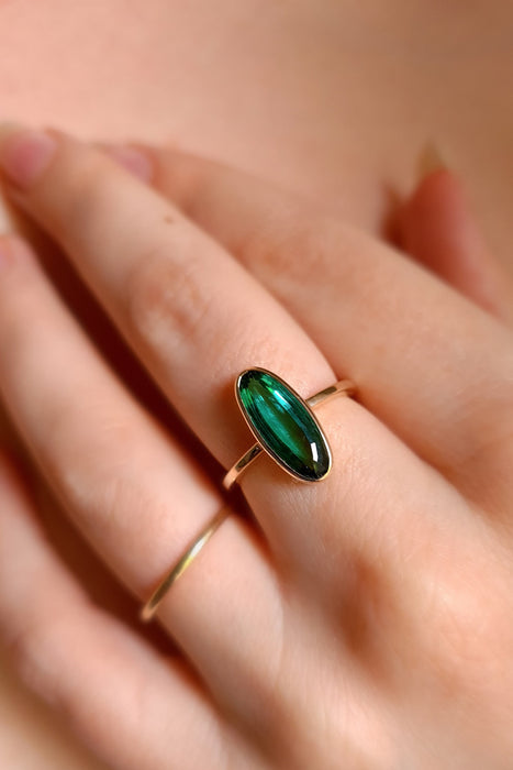 Long Oval Teal Green Tourmaline Ring (one-off piece)