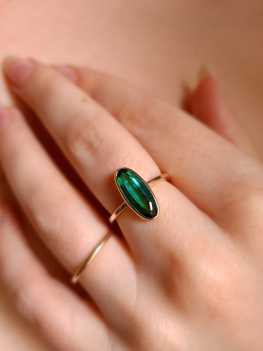 Long Oval Teal Green Tourmaline Ring