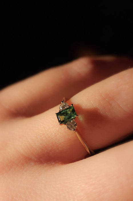 Green Baguette Tourmaline and Diamonds Ring