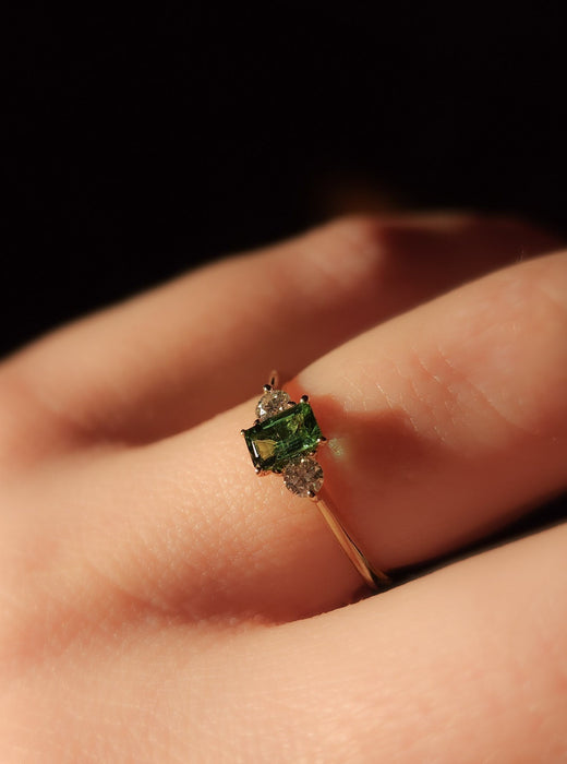 Green Baguette Tourmaline and Diamonds Ring