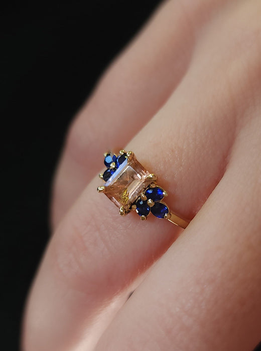 Pink Tourmaline and Blue Sapphires Yellow Gold Ring