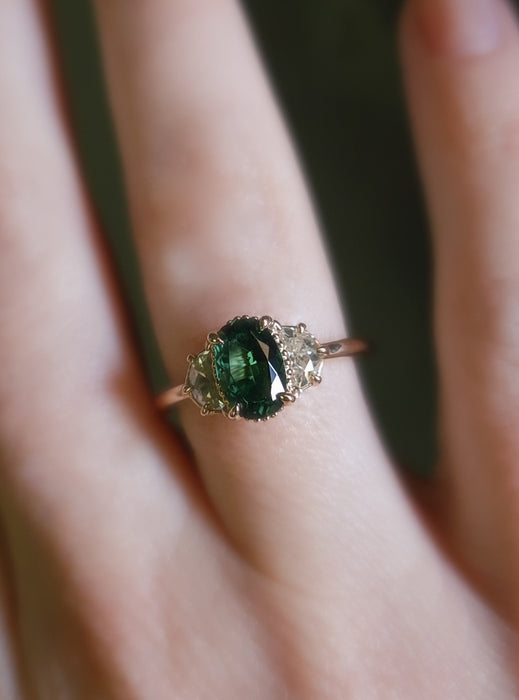 Oval Green Tourmaline and Half-Moon Moissanites Ring